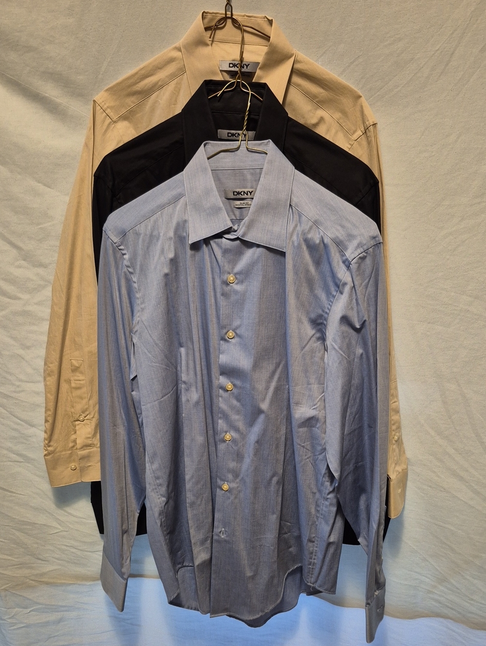 DKNY Men's Button-Down Shirt Trio - Light Blue, Black, Beige Size 15 32/33